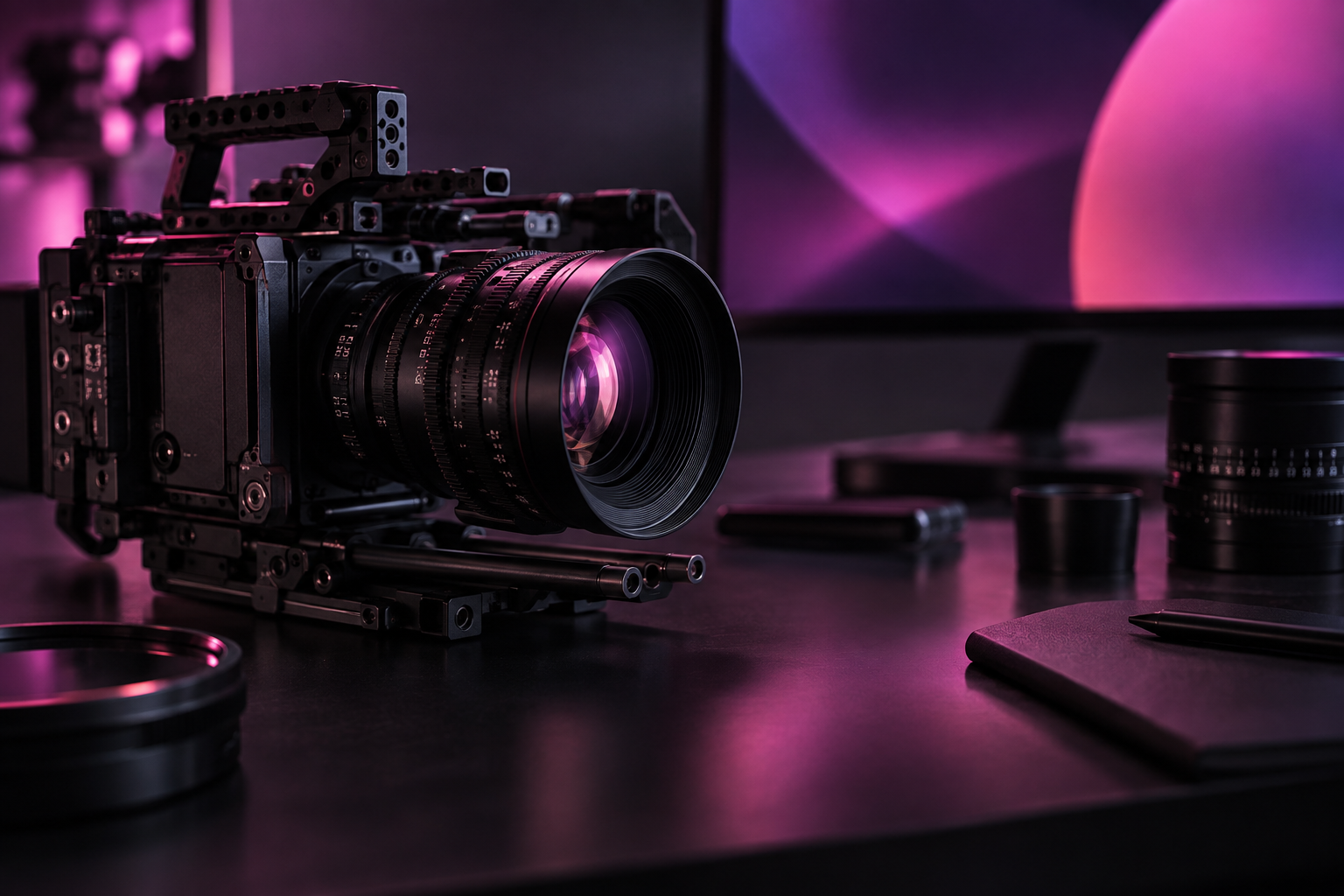 Caméra professionnelle dans un éclairage fuchsia et violet
